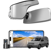 2 channel dash cam with dual STARVIS 2, features smartphone app control, 4K Ultra HD recording, GPS tracking, and Volkswagen Caddy MPV models in the background.  