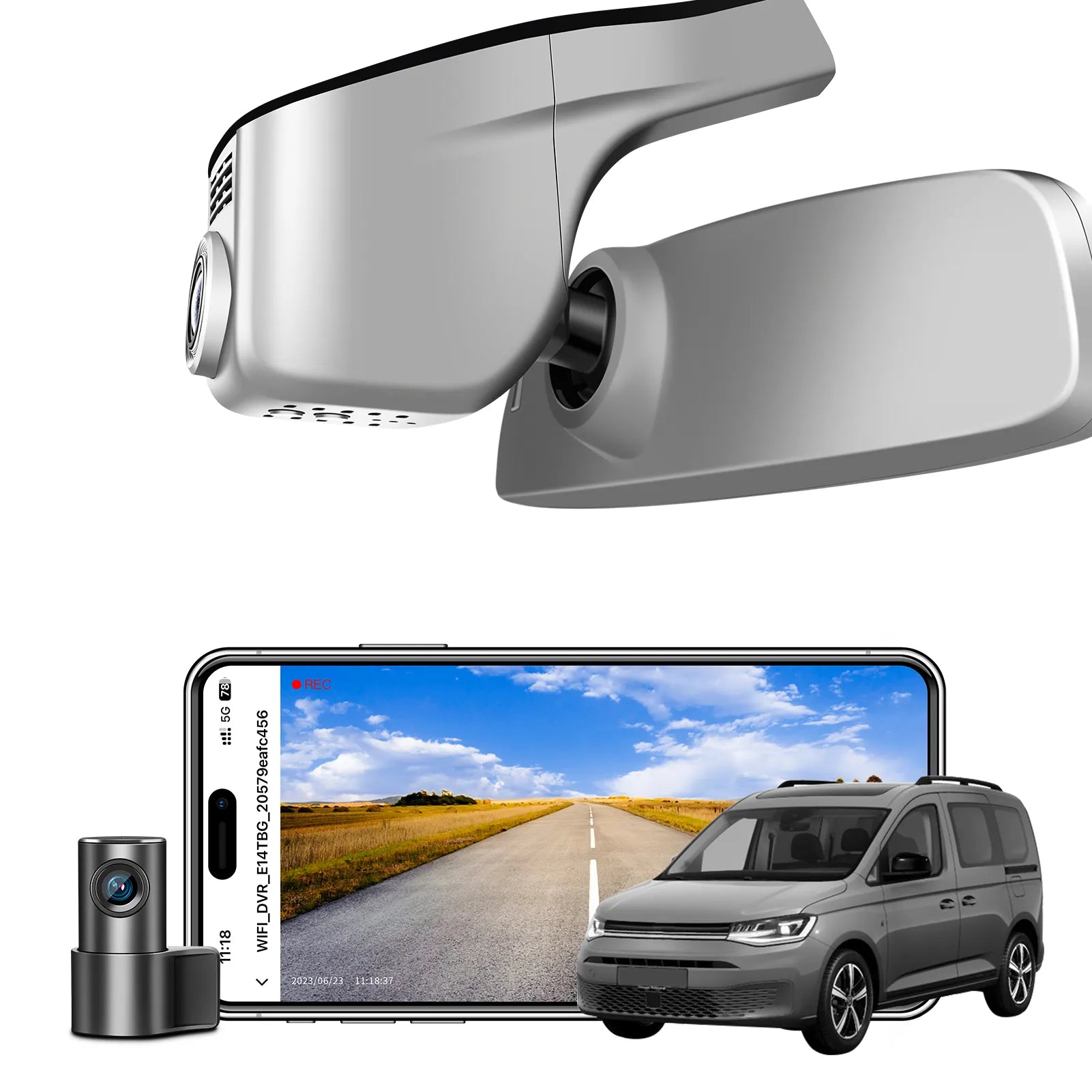 2 channel dash cam with dual STARVIS 2, features smartphone app control, 4K Ultra HD recording, GPS tracking, and Volkswagen Caddy MPV models in the background.  