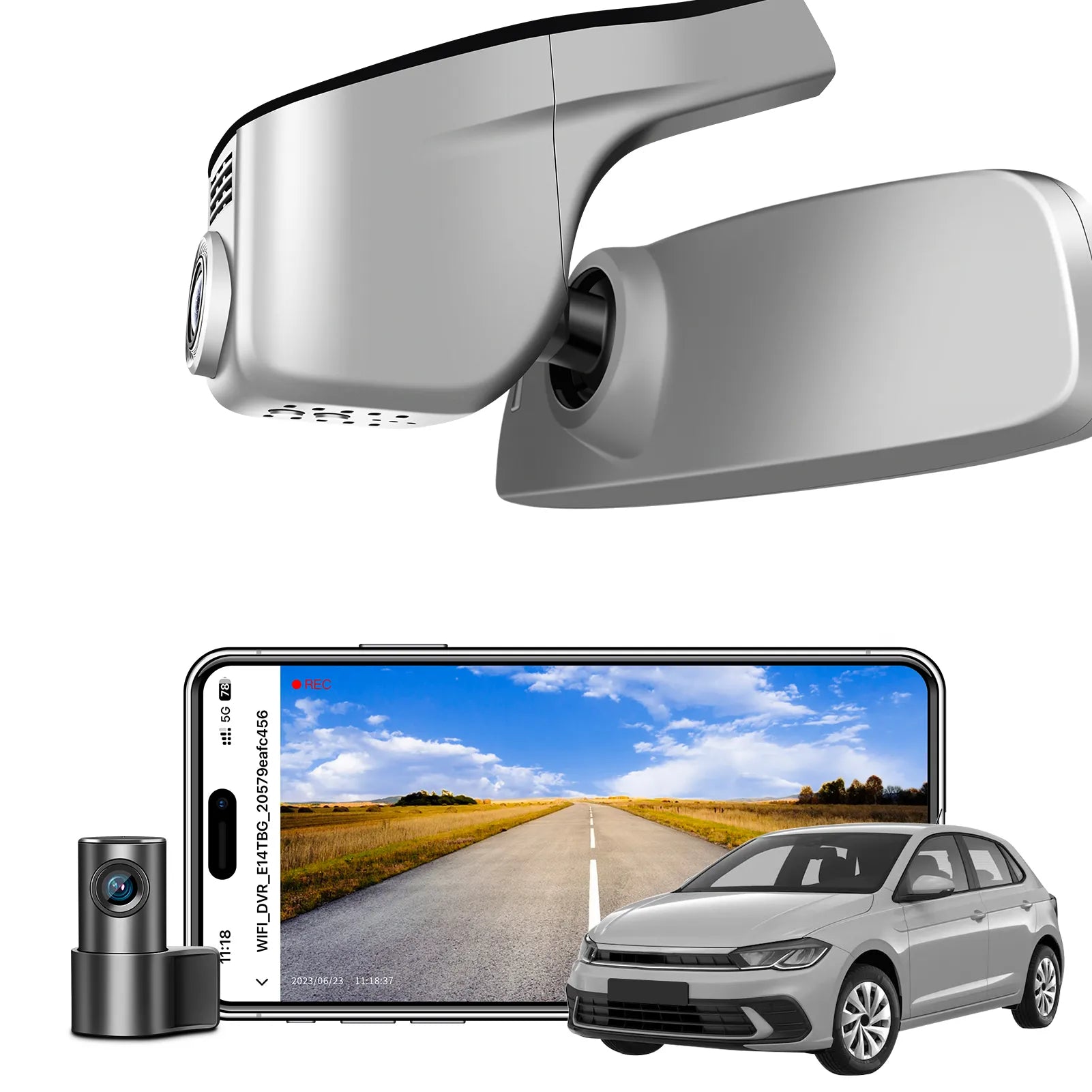 2 channel dash cam with dual STARVIS 2, features smartphone app control, 4K Ultra HD recording, GPS tracking, and Volkswagen POLO Sedans models in the background.  