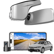 2 channel dash cam with dual STARVIS 2, features smartphone app control, 4K Ultra HD recording, GPS tracking, and Volkswagen POLO Sedans models in the background.  