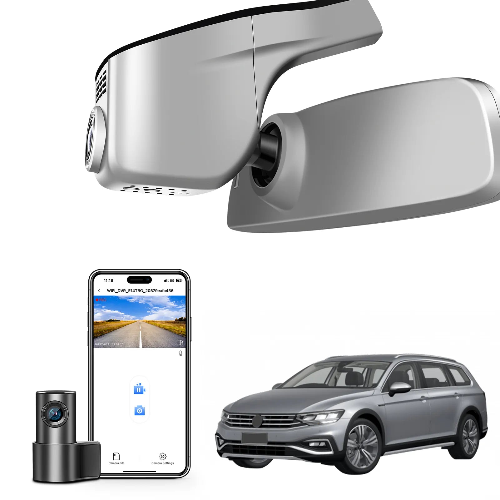 2 channel dash cam with dual STARVIS 2, features smartphone app control, 4K Ultra HD recording, GPS tracking, and Volkswagen Passat Sedan models in the background.  