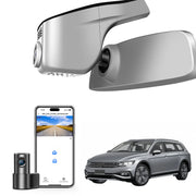 2 channel dash cam with dual STARVIS 2, features smartphone app control, 4K Ultra HD recording, GPS tracking, and Volkswagen Passat Sedan models in the background.  