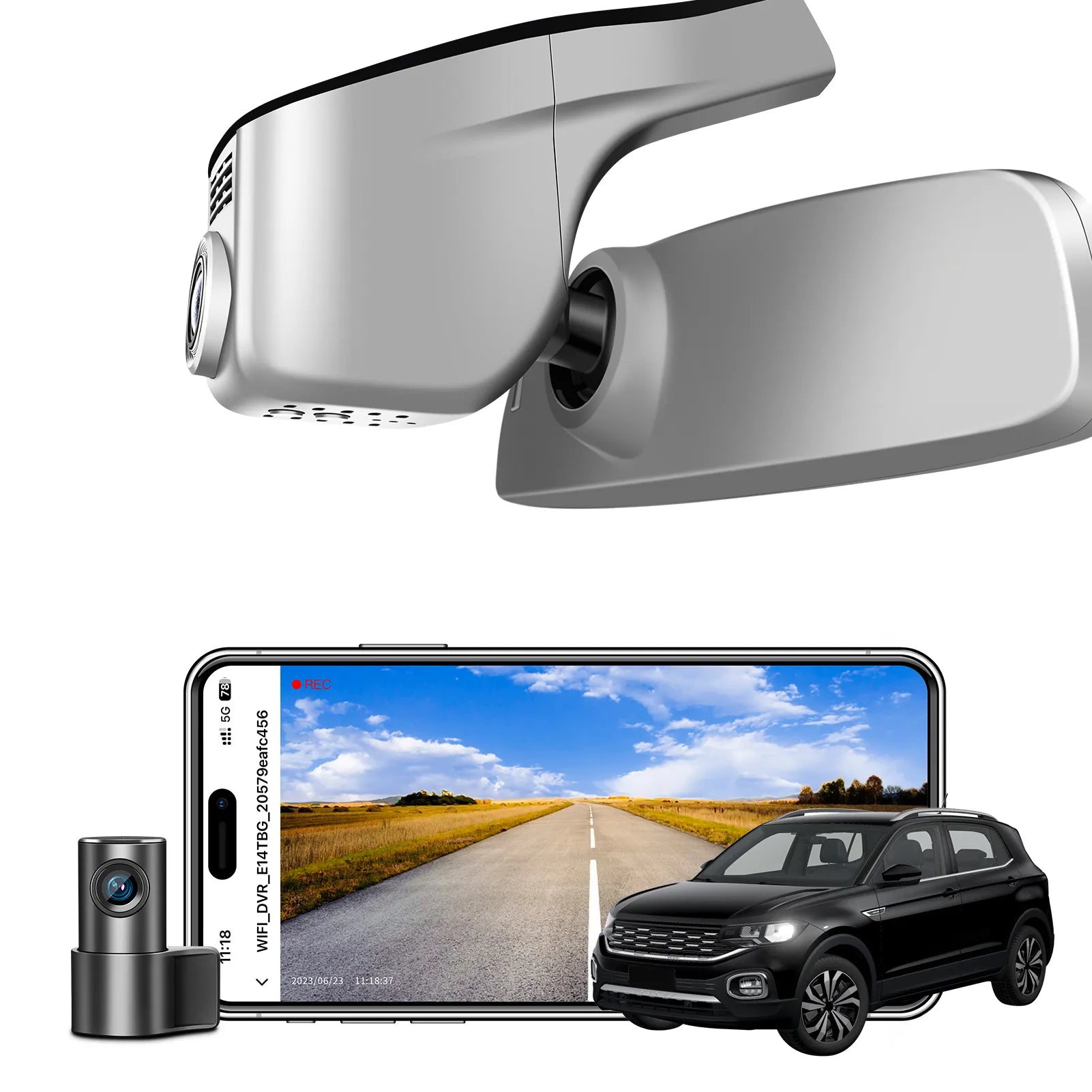 2 channel dash cam with dual STARVIS 2, features smartphone app control, 4K Ultra HD recording, GPS tracking, and Volkswagen T-Cross SUV models in the background.  