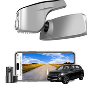 2 channel dash cam with dual STARVIS 2, features smartphone app control, 4K Ultra HD recording, GPS tracking, and Volkswagen T-Cross SUV models in the background.  