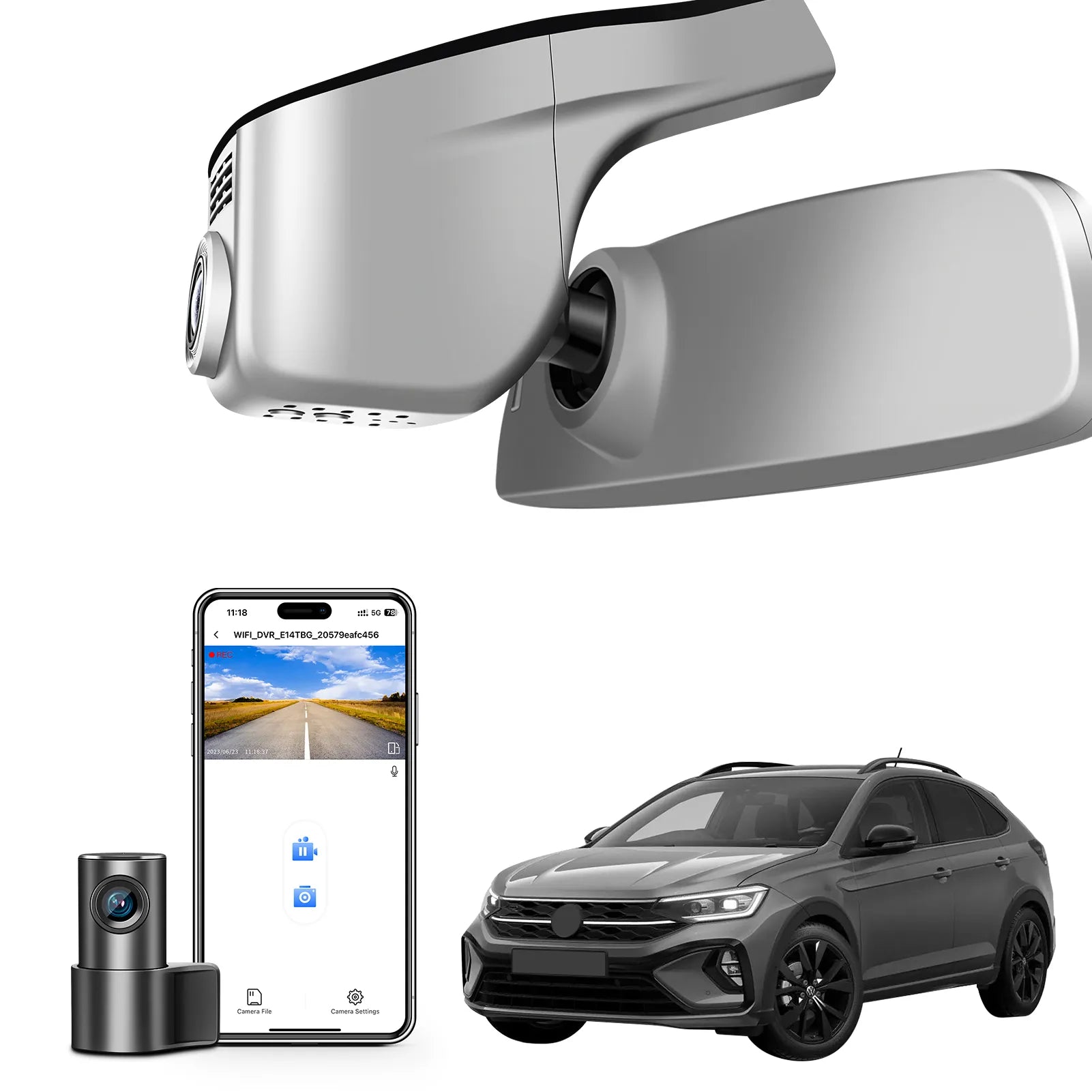 2 channel dash cam with dual STARVIS 2, features smartphone app control, 4K Ultra HD recording, GPS tracking, and Volkswagen Taigo Coupe SUV models in the background.  