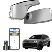 2 channel dash cam with dual STARVIS 2, features smartphone app control, 4K Ultra HD recording, GPS tracking, and Volkswagen Tayron Coupe SUV models in the background.  