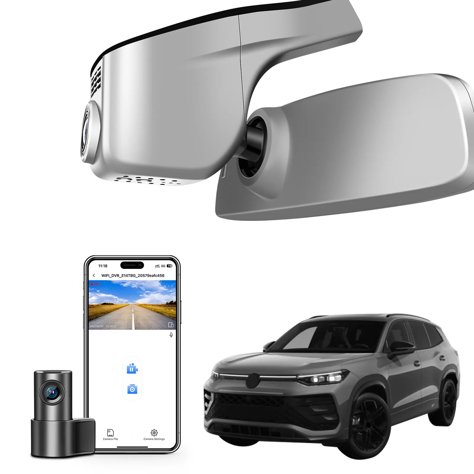 2 channel dash cam with dual STARVIS 2, features smartphone app control, 4K Ultra HD recording, GPS tracking, and Volkswagen Tayron Coupe SUV models in the background.  