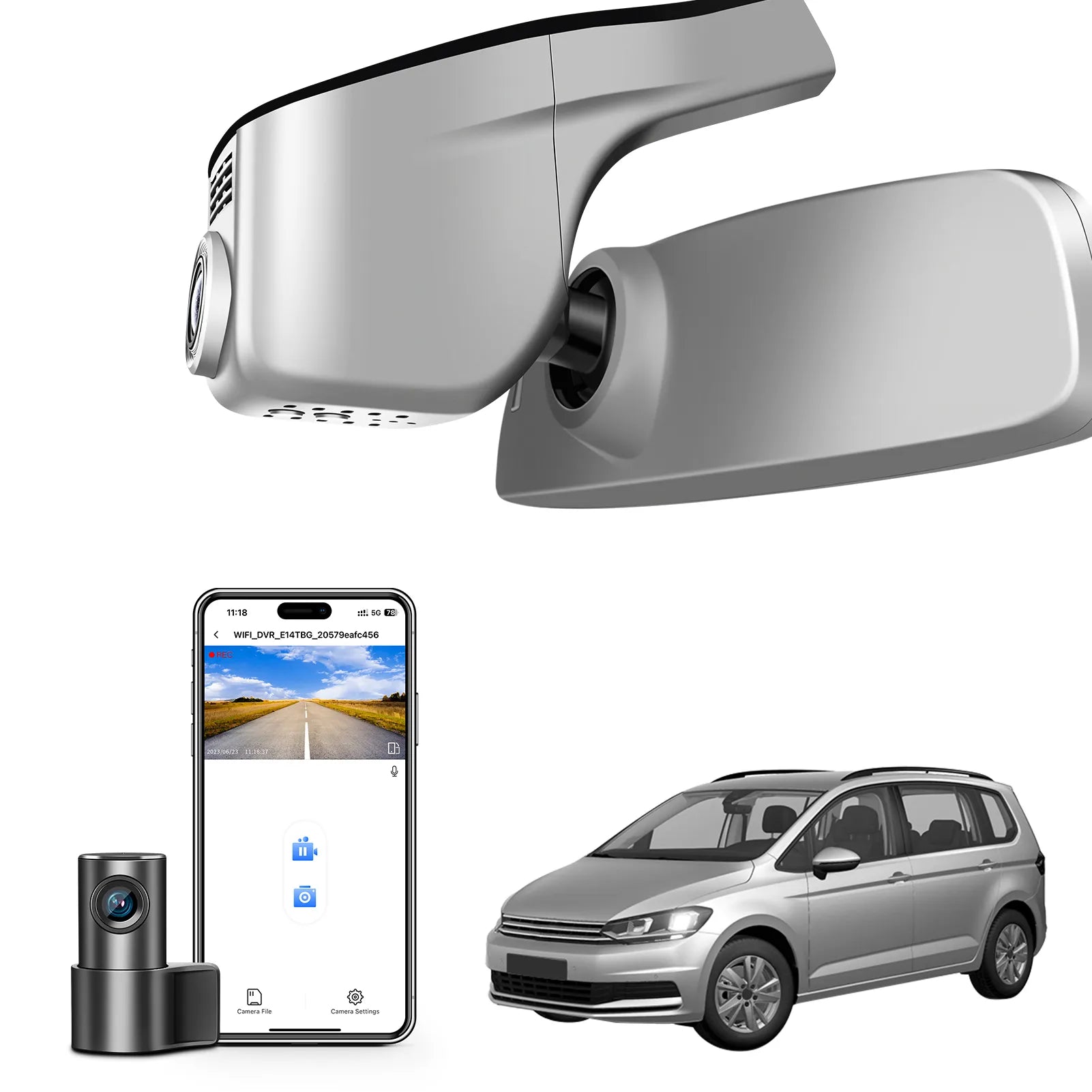 2 channel dash cam with dual STARVIS 2, features smartphone app control, 4K Ultra HD recording, GPS tracking, and Volkswagen Touran MPV models in the background.  