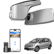 2 channel dash cam with dual STARVIS 2, features smartphone app control, 4K Ultra HD recording, GPS tracking, and Volkswagen Touran MPV models in the background.  