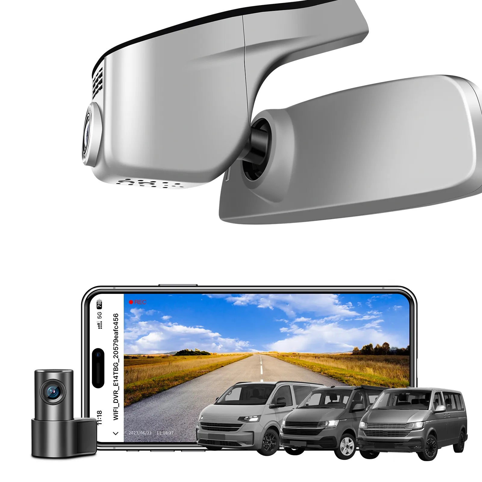 2 channel dash cam with dual STARVIS 2, features smartphone app control, 4K Ultra HD recording, GPS tracking, and Volkswagen Transporter van models in the background.  