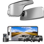 2 channel dash cam with dual STARVIS 2, features smartphone app control, 4K Ultra HD recording, GPS tracking, and Volkswagen Transporter van models in the background.  