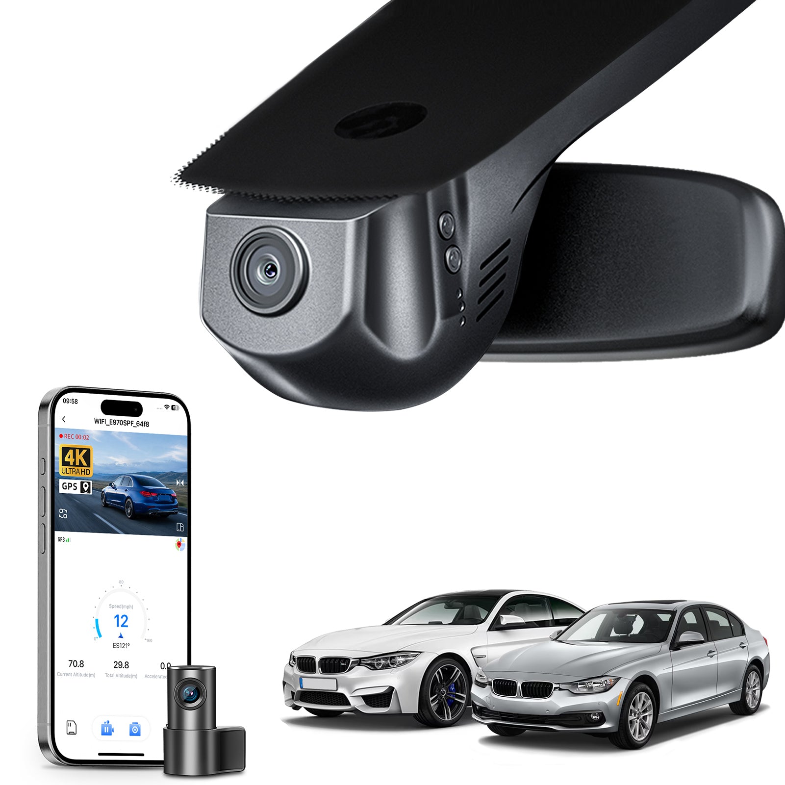 Mangoal 2 channel dash cam with STARVIS sensor, features smartphone app control, front 4K UHD and rear Full HD recording, GPS tracking, and Benz C-Class Gen4 in the background. 