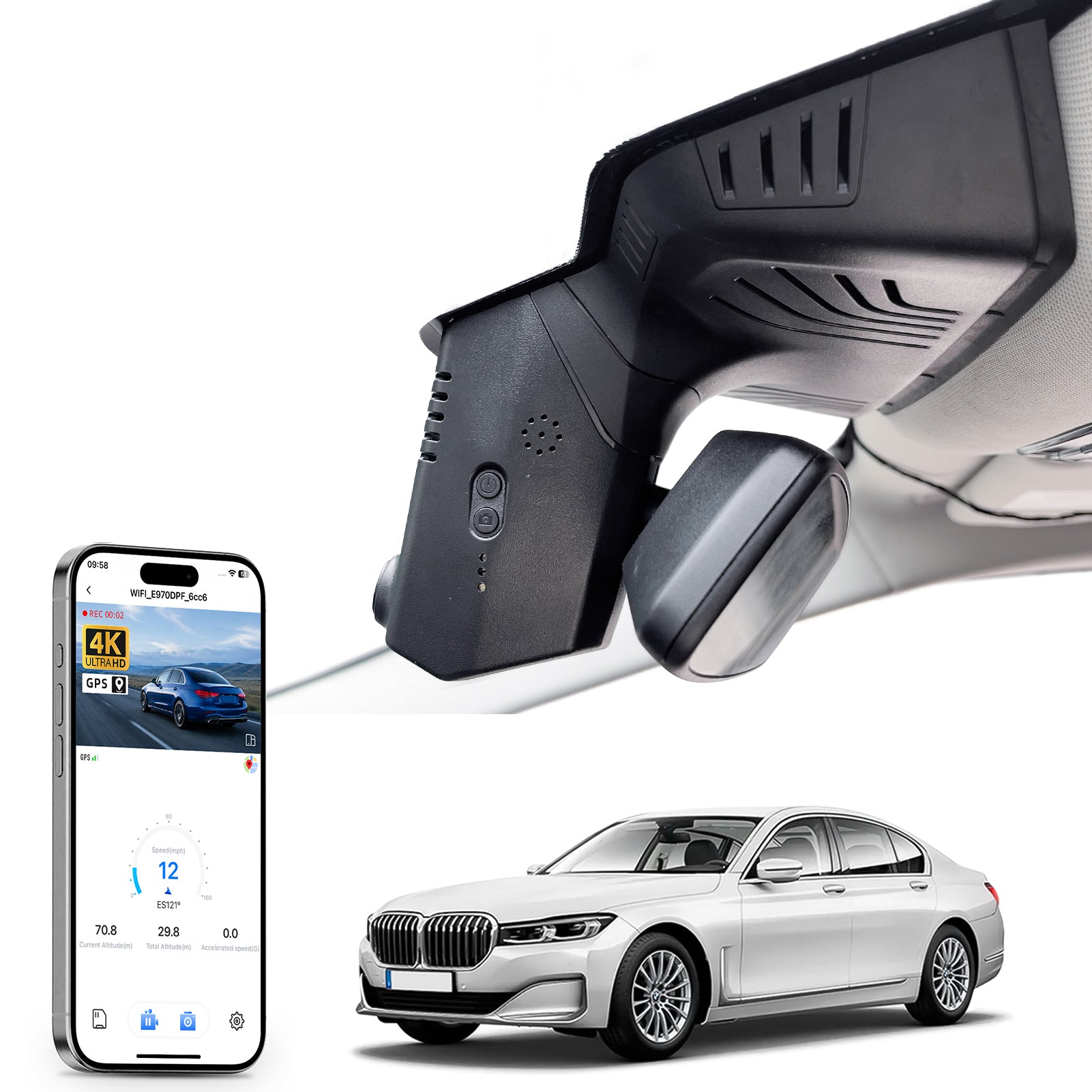 Mangoal rearview mirror built-in dash cam with smartphone app control, 4K Ultra HD recording, GPS tracking, and BMW 7 Series Gen6 models in the background.