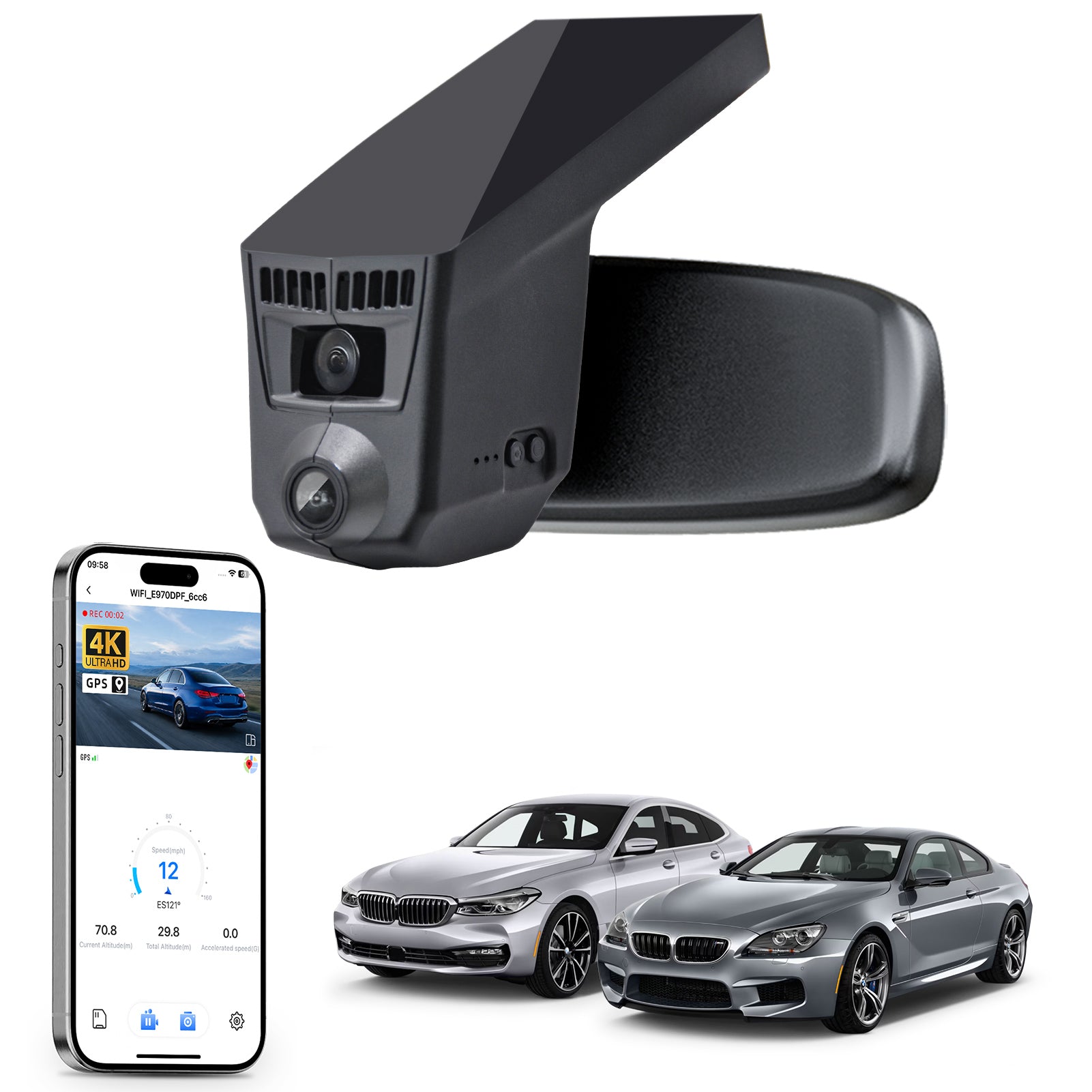 Mangoal rearview mirror built-in dash cam with smartphone app control, 4K Ultra HD recording, GPS tracking, and BMW 7 Series Gen6 models in the background.
