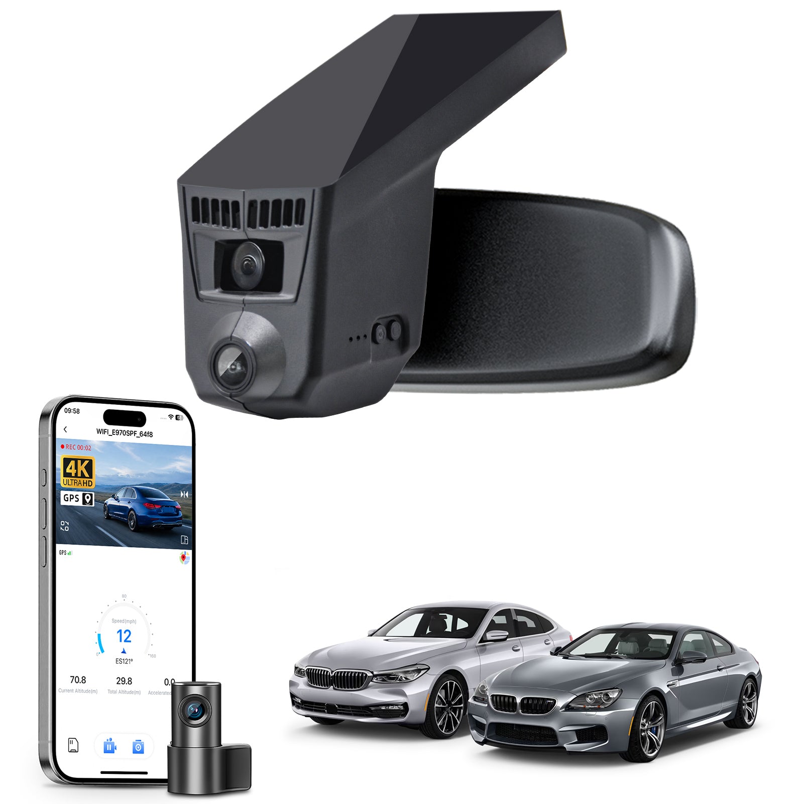 Mangoal 2 channel dash cam with STARVIS sensor, features smartphone app control, front 4K UHD and rear Full HD recording, GPS tracking, and BMW 6 Series Gen3 models in the background.