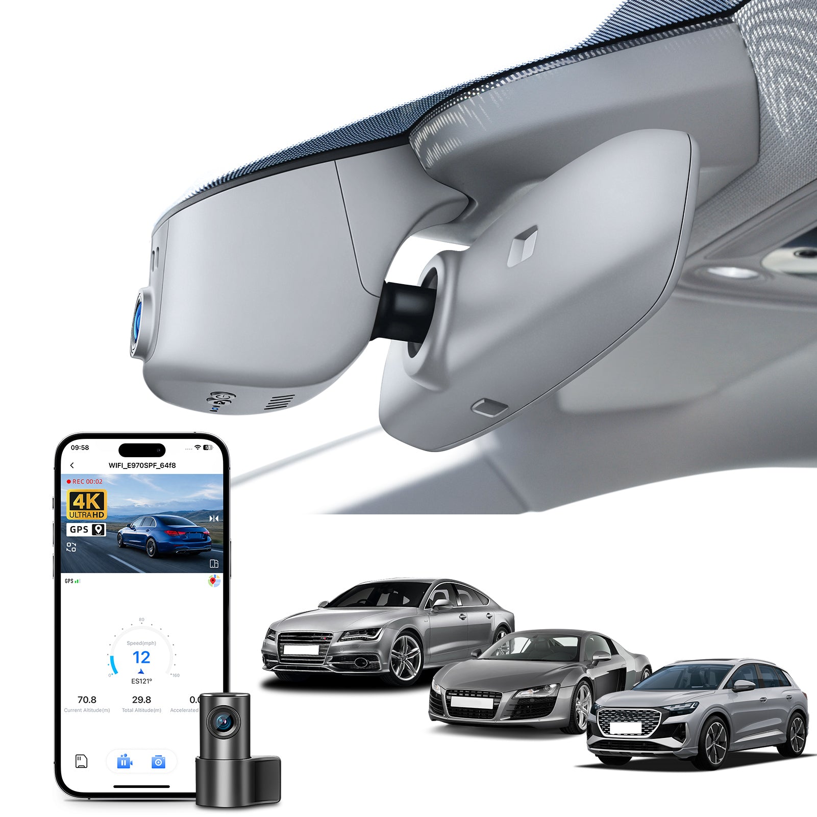 Mangoal Front 4K & Rear 2K HDR Dash Cam, Dual STARVIS 2 for Audi (Model A Gray)