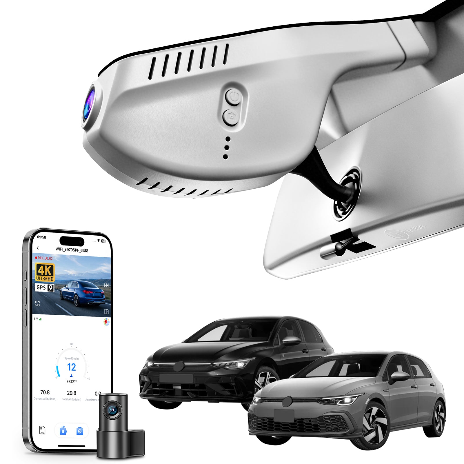 Mangoal Front 4K & Rear 2K HDR Dash Cam, Dual STARVIS 2, for Volkswagen Golf & Golf GTI & Golf R MK 7/7.5/8 2015-2025 (Model A Gray)