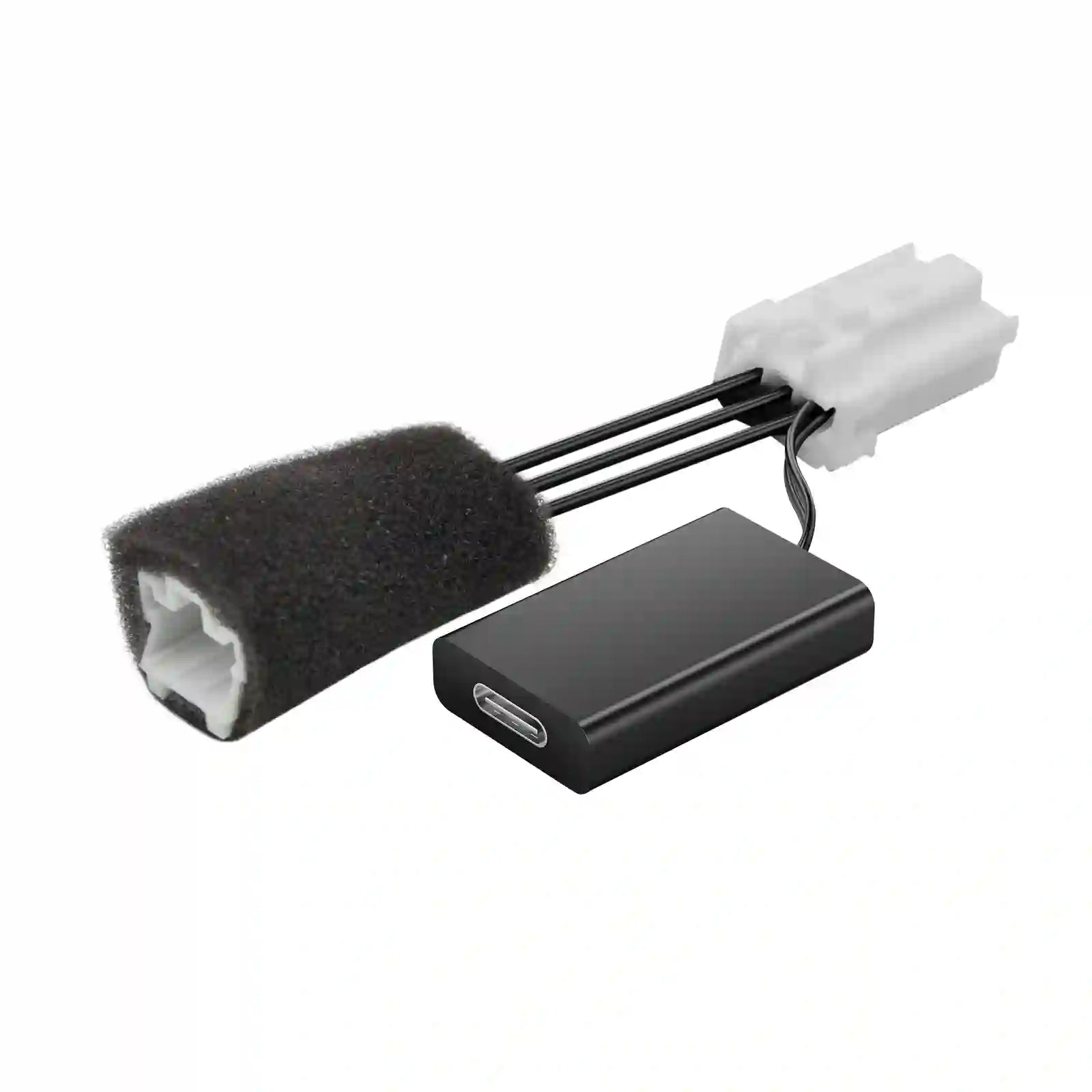 Electronic component with black rectangular module, black foam pad, and white connector on a white background