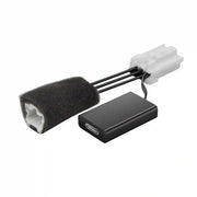 Electronic component with black rectangular module, black foam pad, and white connector on a white background