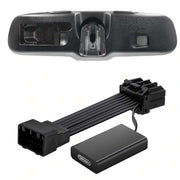 Car rearview mirror with wiring harness and battery on a white background