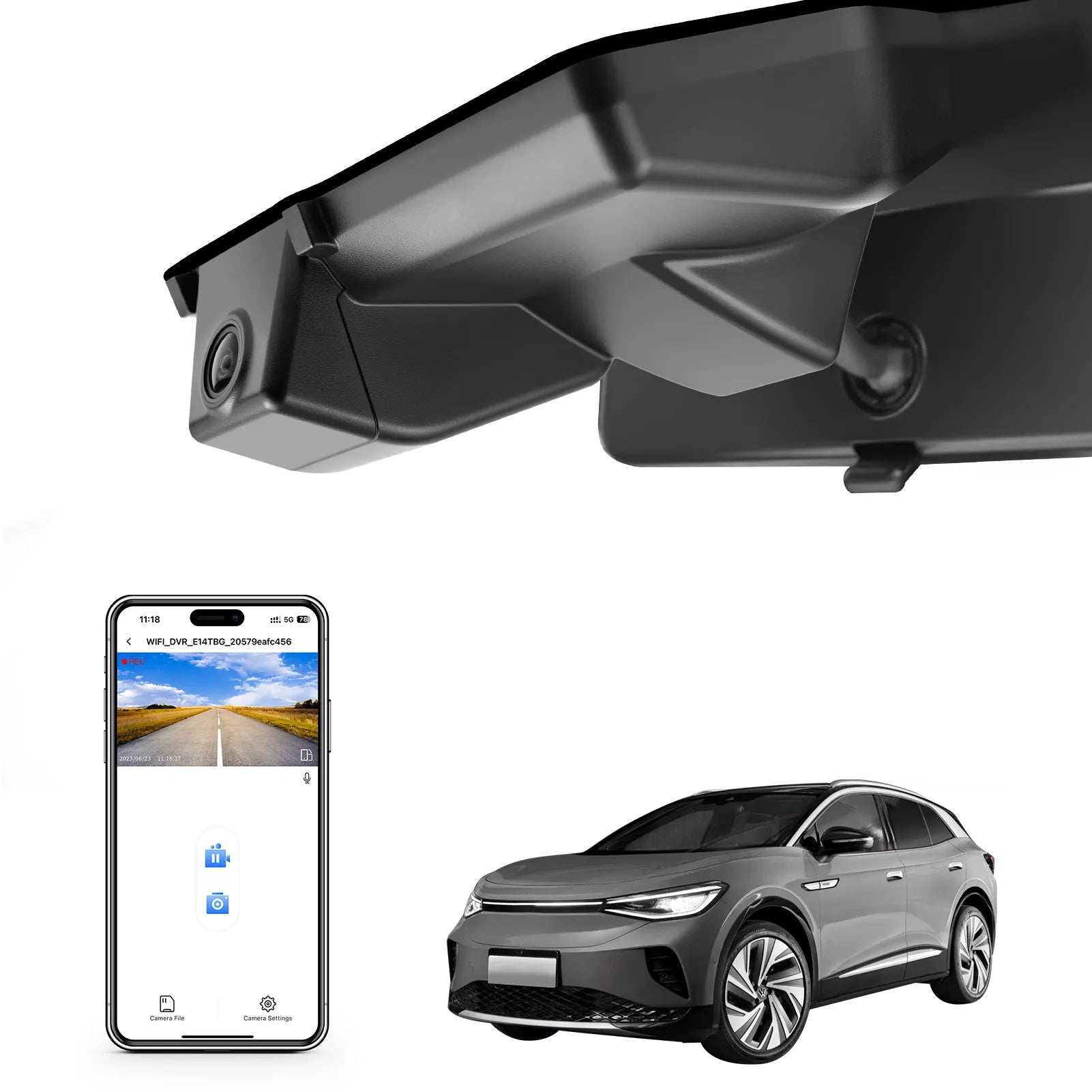 Car rearview mirror built-in dash cam with smartphone app control, 4K Ultra HD recording, GPS tracking, and Volkswagen ID.3 Hatchback models in the background.