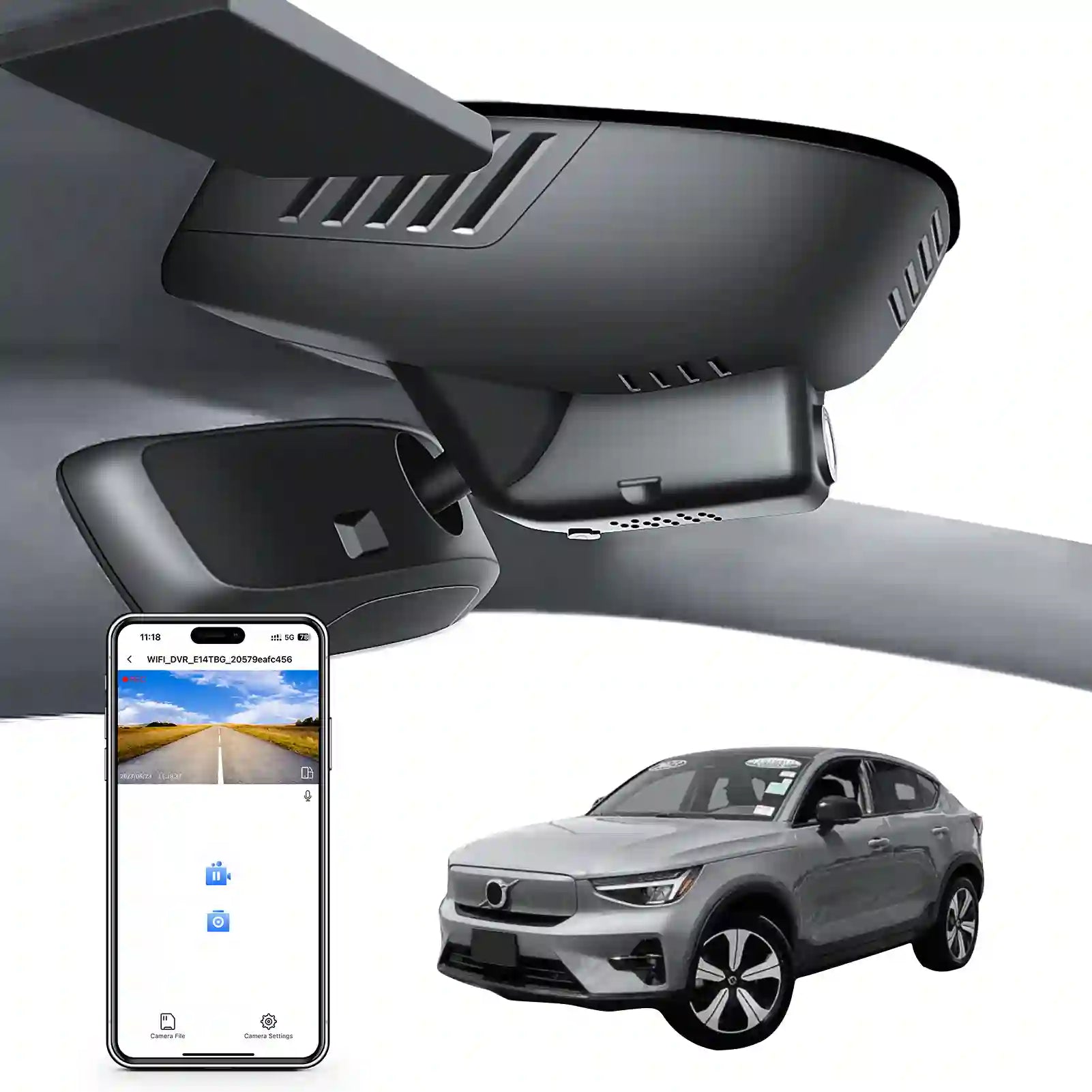 Car rearview mirror built-in dash cam with smartphone app control, 4K Ultra HD recording, GPS tracking, and Volvo C40 Coupe SUV models in the background.