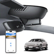 Car rearview mirror built-in dash cam with smartphone app control, 4K Ultra HD recording, GPS tracking, and Volvo Polestar 2 Fastback models in the background.