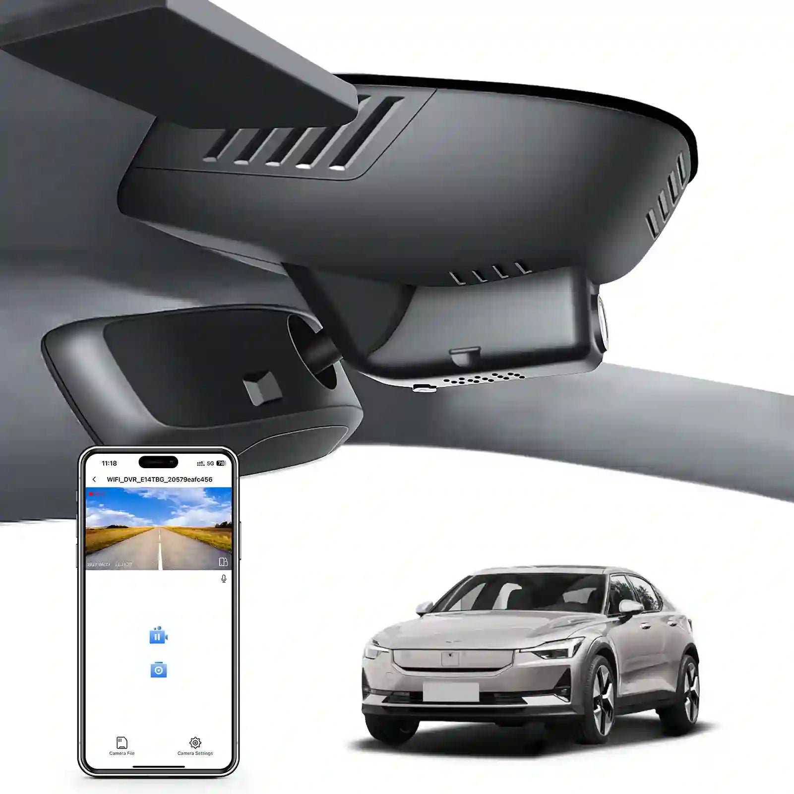 Car rearview mirror built-in dash cam with smartphone app control, 4K Ultra HD recording, GPS tracking, and Volvo Polestar 2 Fastback models in the background.