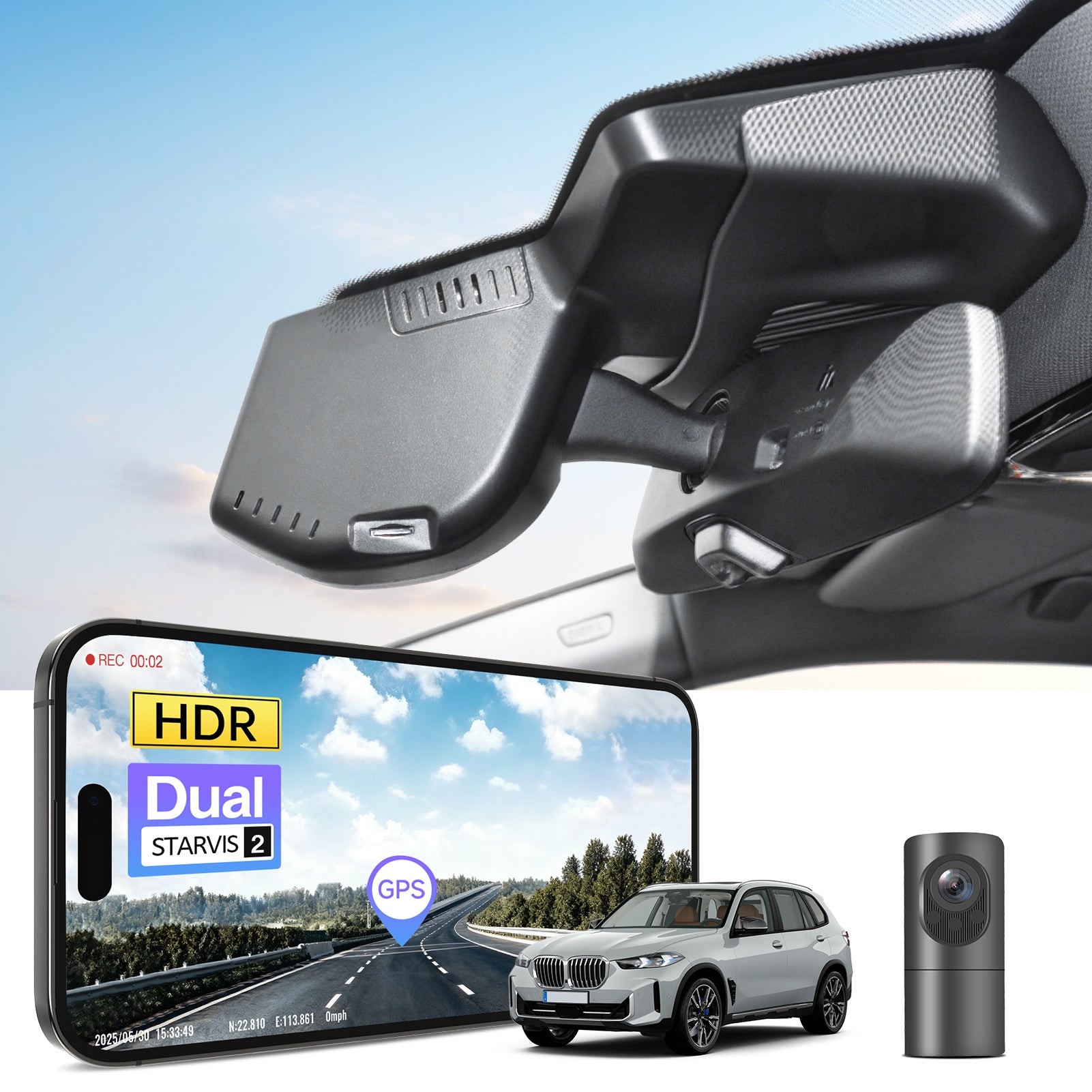 2 channel dash cam with dual STARVIS 2, features smartphone app control, 4K Ultra HD recording, GPS tracking, and BMW 5 Series Gen8 in the background. 