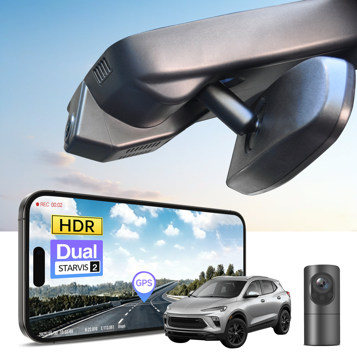 Car dual channel dash camera system, smartphone app control, 4K Ultra HD recording, GPS tracking, and Buick Encore GX SUV models in the background. 