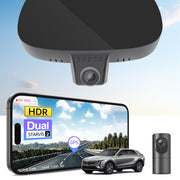 2 channel dash cam with dual STARVIS 2, features smartphone app control, 4K Ultra HD recording, GPS tracking, and Cadillac Lyriq SUV EV models in the background. 