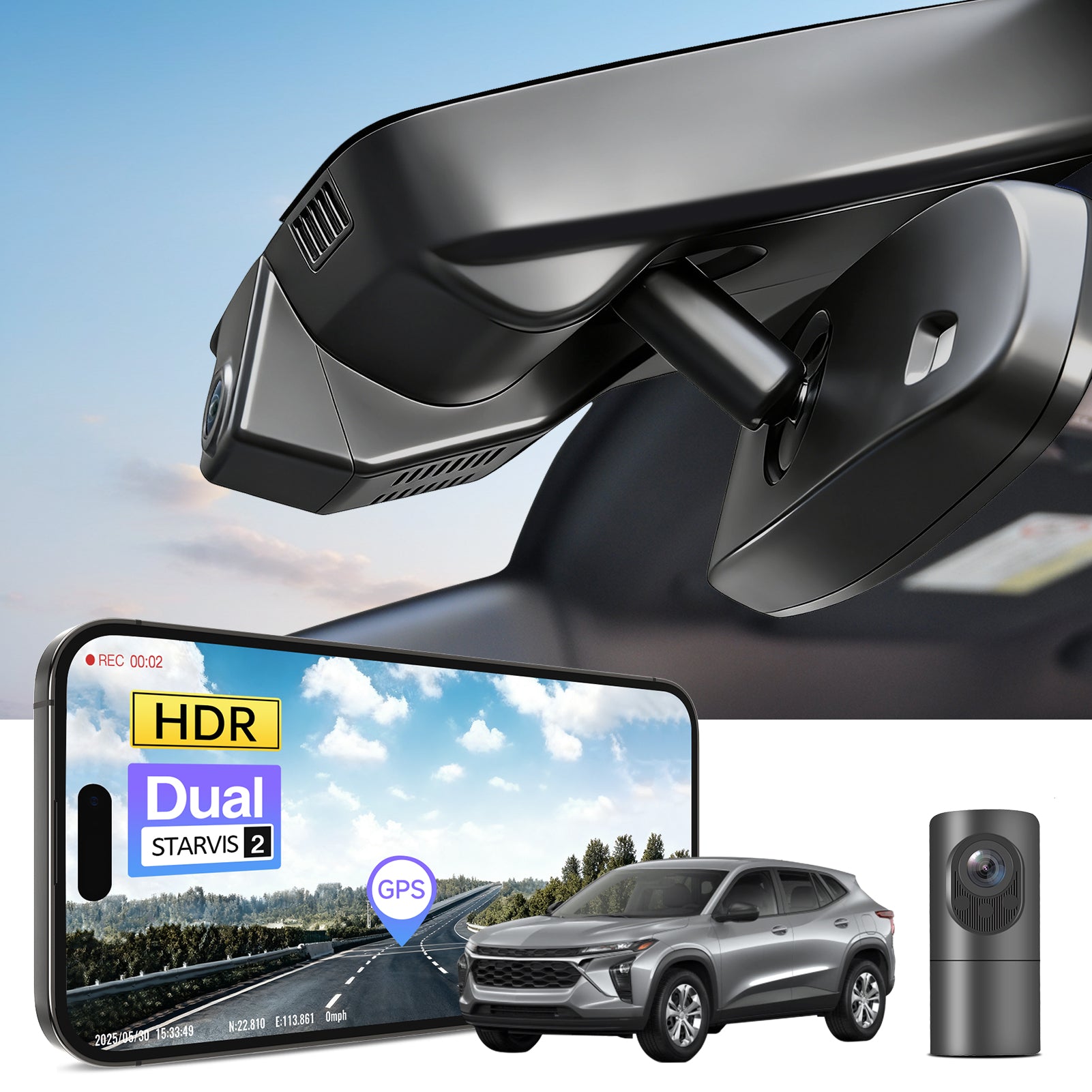 2 channel dash cam with dual STARVIS 2, features smartphone app control, 4K Ultra HD recording, GPS tracking, and Chevy Trax SUV models in the background.  