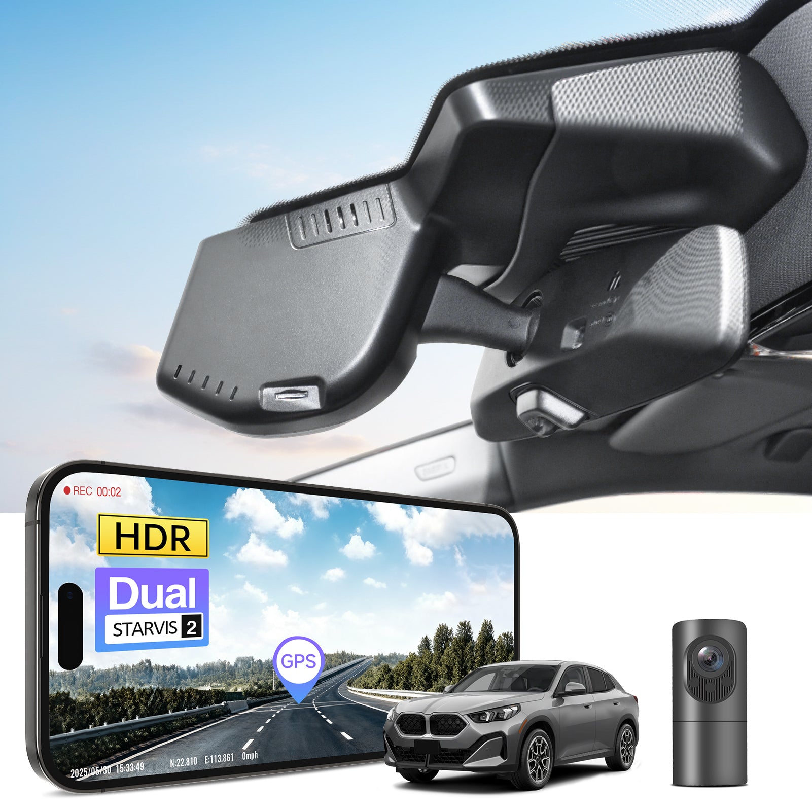 2 channel dash cam with dual STARVIS 2, features smartphone app control, 4K Ultra HD recording, GPS tracking, and BMW X2 Gen2 SUV models in the background.  