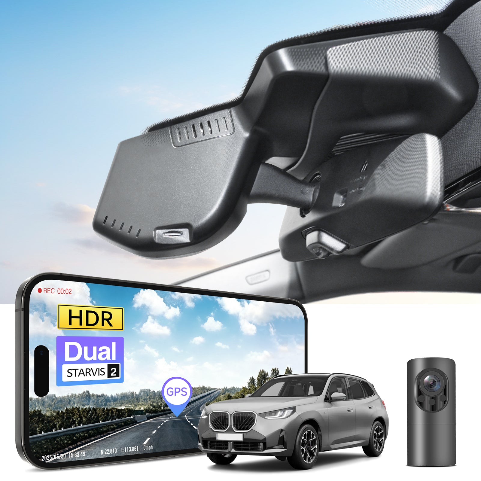 2 channel dash cam with dual STARVIS 2, features smartphone app control, 4K Ultra HD recording, GPS tracking, and BMW X3 Gen4 SUV models in the background.  