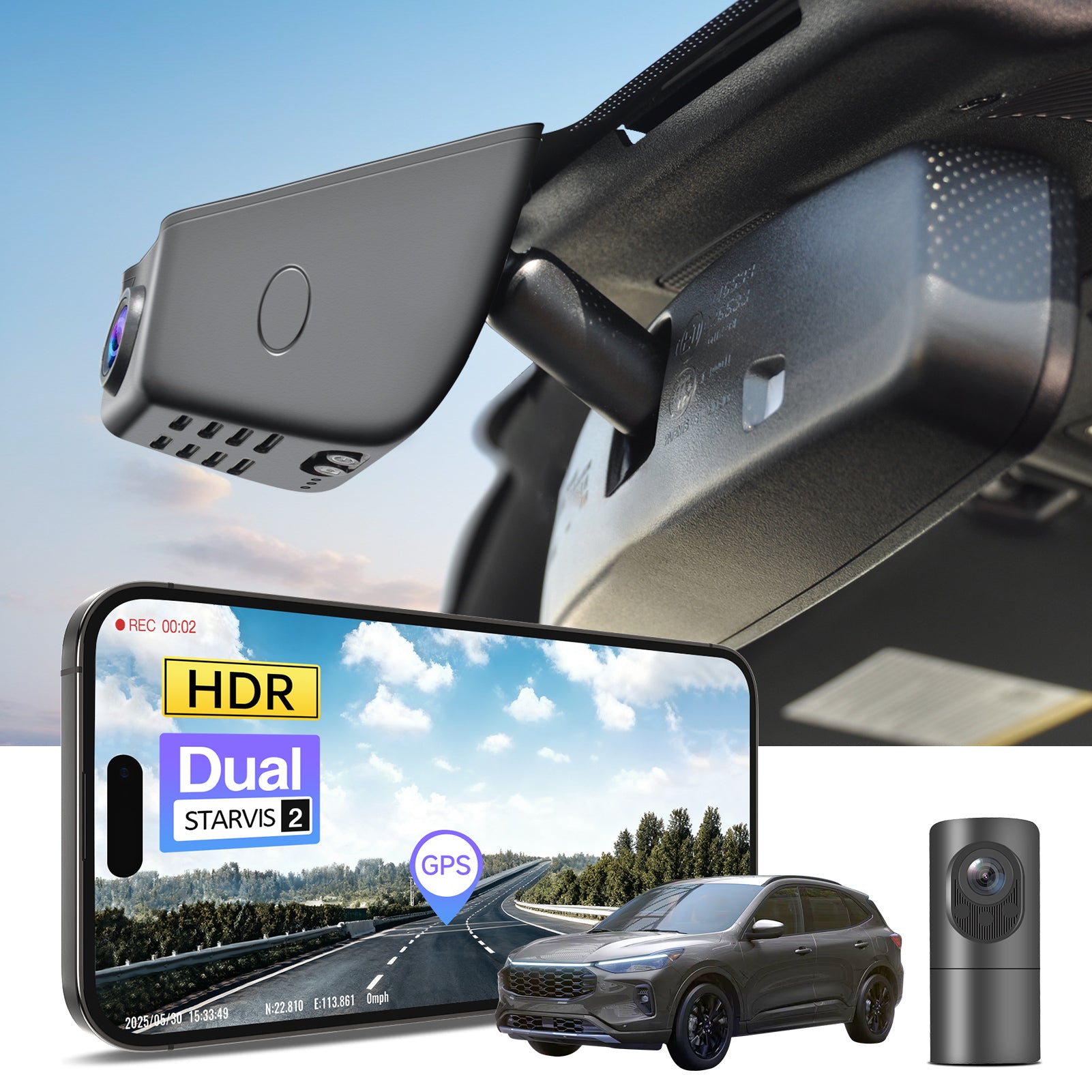 2 channel dash cam with dual STARVIS 2, features smartphone app control, 4K Ultra HD recording, GPS tracking, and Ford Escape SUV models in the background.  