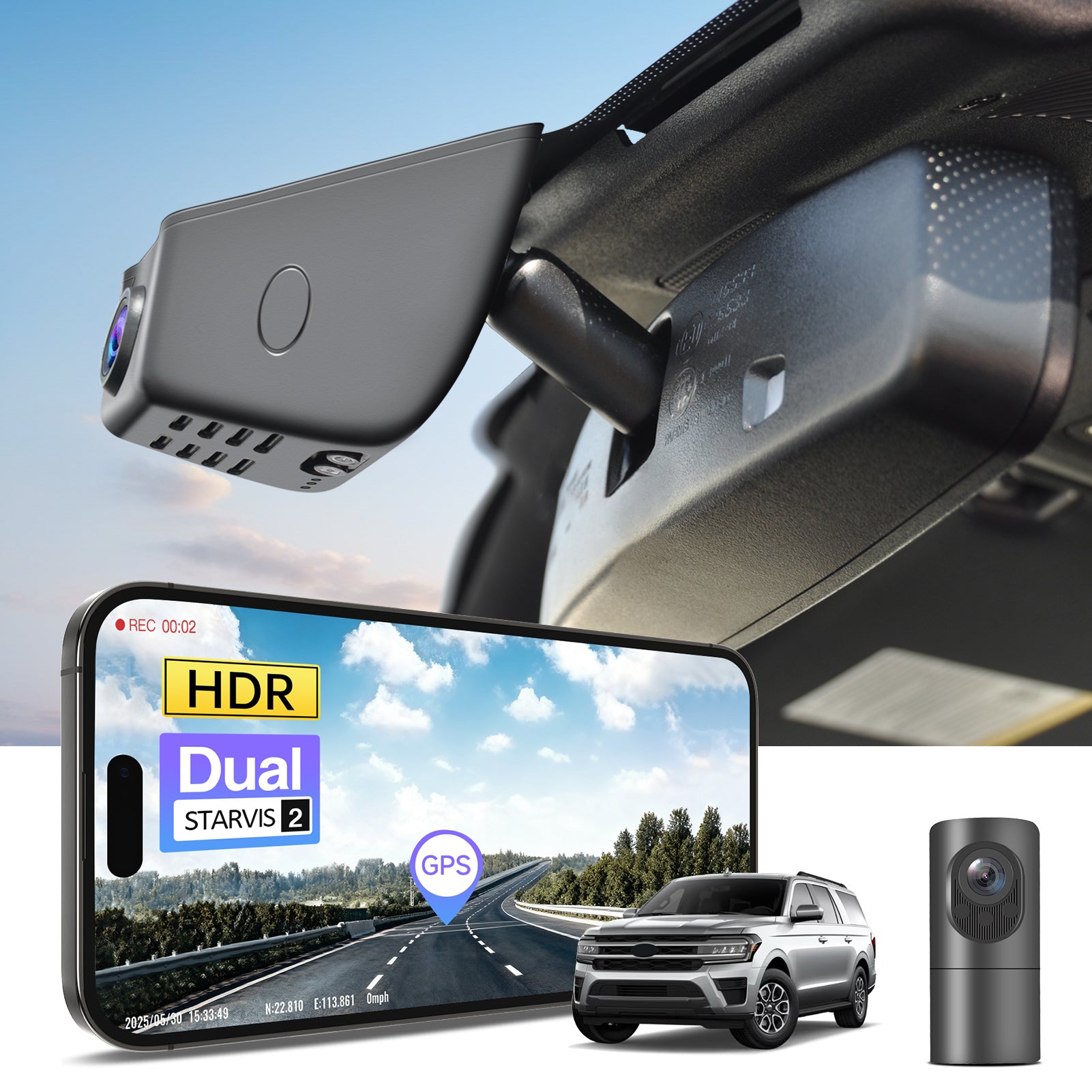2 channel dash cam with dual STARVIS 2, features smartphone app control, 4K Ultra HD recording, GPS tracking, and Ford Expedition SUV models in the background.  