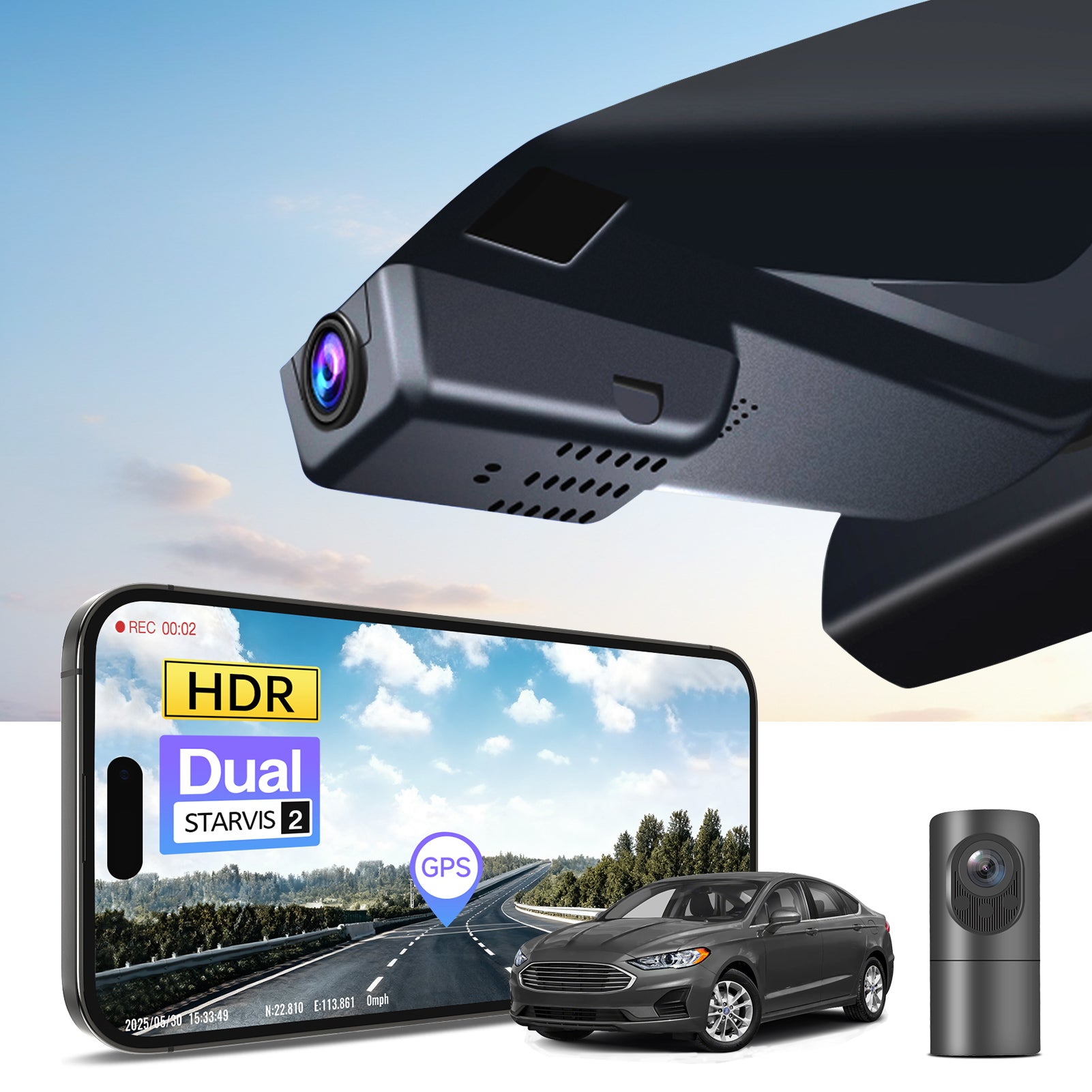 2 channel dash cam with dual STARVIS 2, features smartphone app control, 4K Ultra HD recording, GPS tracking, and Ford Fusion Sedan models in the background.  