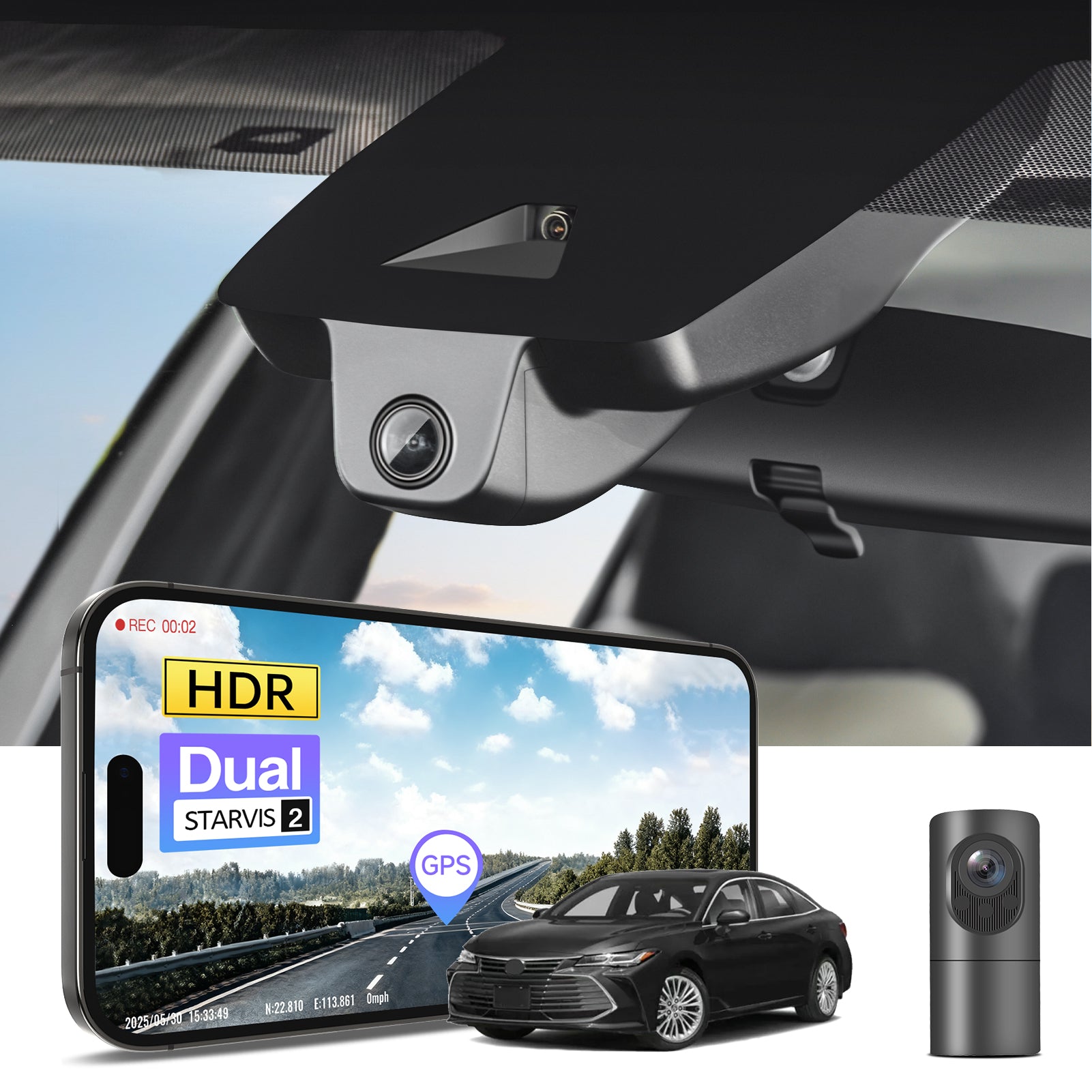 2 channel dash cam with dual STARVIS 2, features smartphone app control, 4K Ultra HD recording, GPS tracking, and Toyota Avalon Sedans models in the background.  