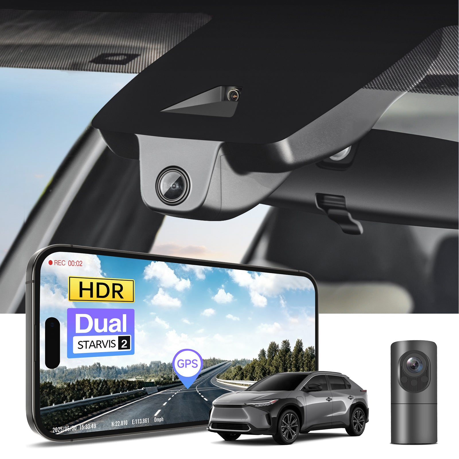 2 channel dash cam with dual STARVIS 2, features smartphone app control, 4K Ultra HD recording, GPS tracking, and Toyota BZ4X SUV EV models in the background.  