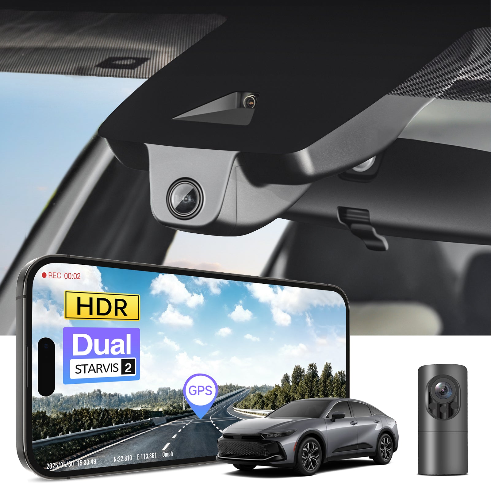 2 channel dash cam with dual STARVIS 2, features smartphone app control, 4K Ultra HD recording, GPS tracking, and Toyota Crown Sedan models in the background.  