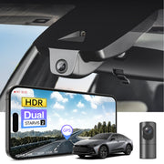 2 channel dash cam with dual STARVIS 2, features smartphone app control, 4K Ultra HD recording, GPS tracking, and Toyota Crown Sedan models in the background.  