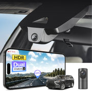 2 channel dash cam with dual STARVIS 2, features smartphone app control, 4K Ultra HD recording, GPS tracking, and Toyota Grand Highlander SUV models in the background.  