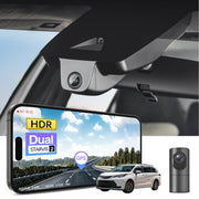 2 channel dash cam with dual STARVIS 2, features smartphone app control, 4K Ultra HD recording, GPS tracking, and Toyota Sienna MPV models in the background.  