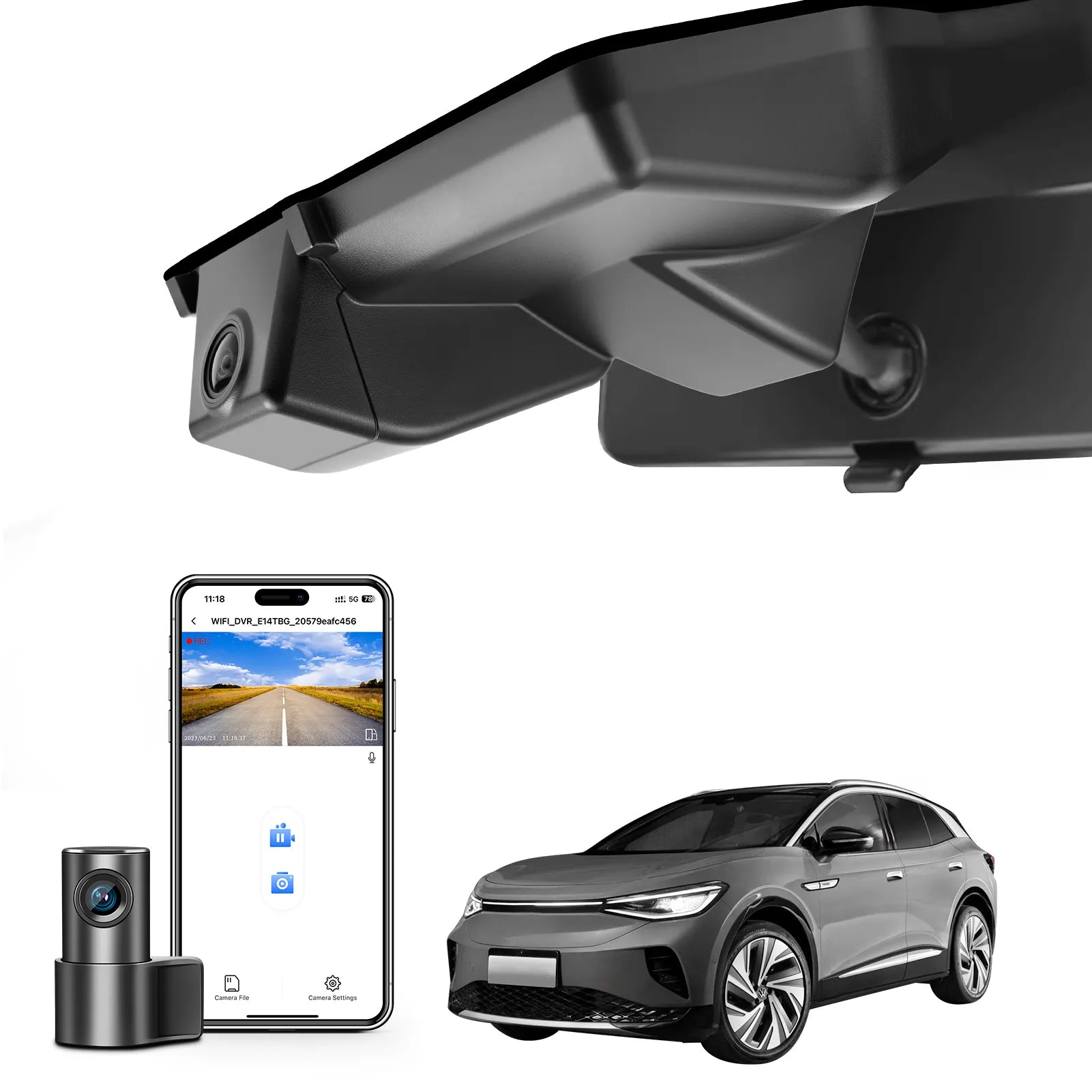 2 channel dash cam with dual STARVIS 2, features smartphone app control, 4K Ultra HD recording, GPS tracking, and Volkswagen ID.3 Hatchback models in the background.  