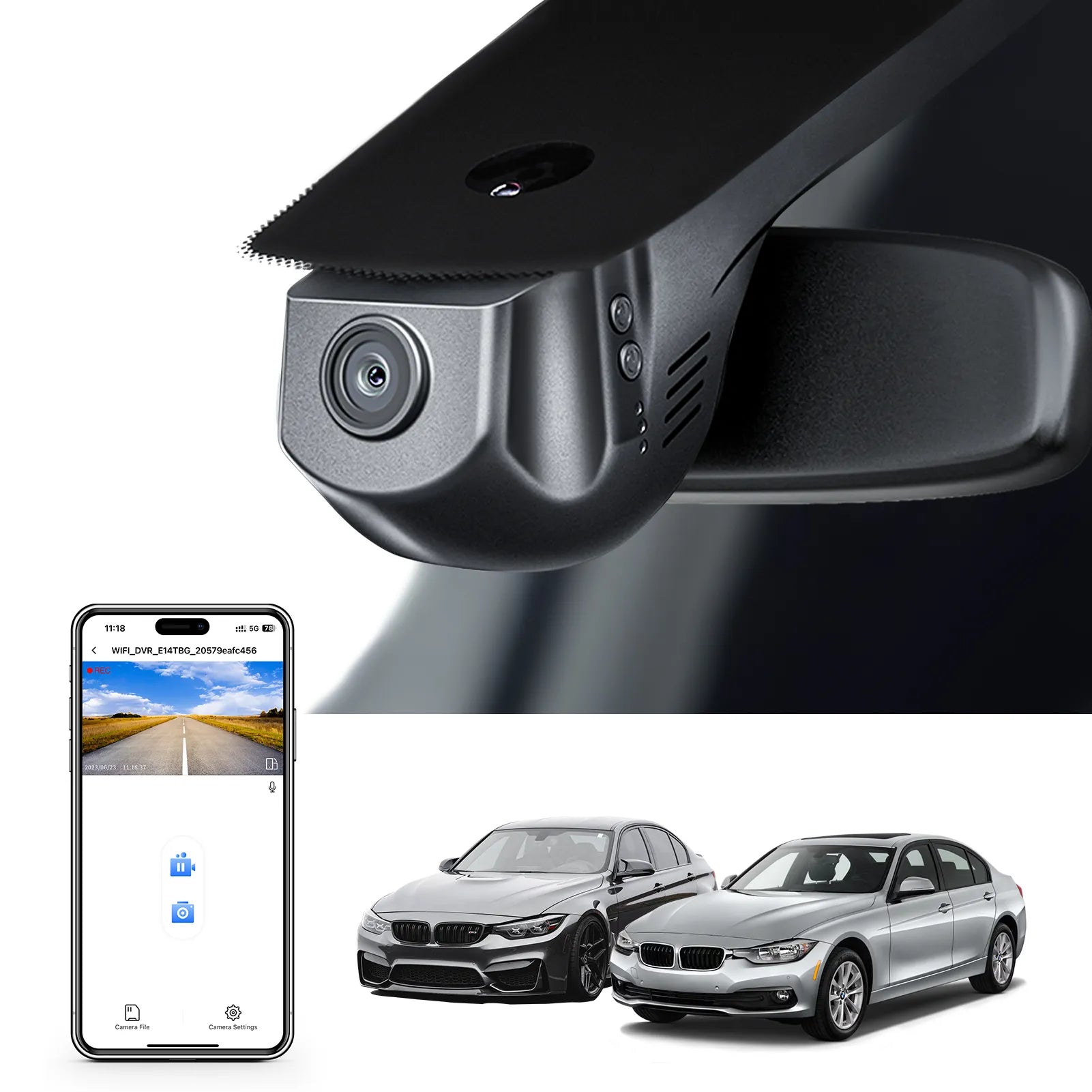 Car rearview mirror built-in dash cam with smartphone app control, 4K Ultra HD recording, GPS tracking, and BMW 3 Series Gen6 models in the background.