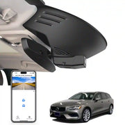 Car rearview mirror built-in dash cam with smartphone app control, 4K Ultra HD recording, GPS tracking, and Volvo S60 Sedan, V60 Wagon models in the background.