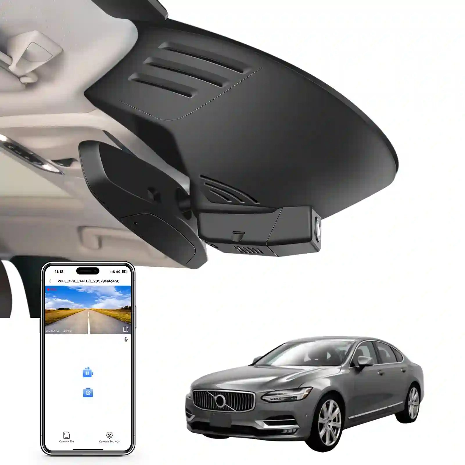Car rearview mirror built-in dash cam with smartphone app control, 4K Ultra HD recording, GPS tracking, and Volvo S90 Sedan, V90 Wagon models in the background.