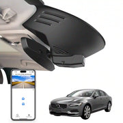 Car rearview mirror built-in dash cam with smartphone app control, 4K Ultra HD recording, GPS tracking, and Volvo S90 Sedan, V90 Wagon models in the background.