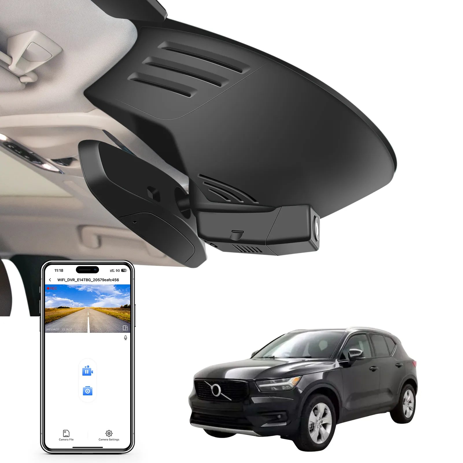 Car rearview mirror built-in dash cam with smartphone app control, 4K Ultra HD recording, GPS tracking, and Volvo XC40 SUV models in the background.
