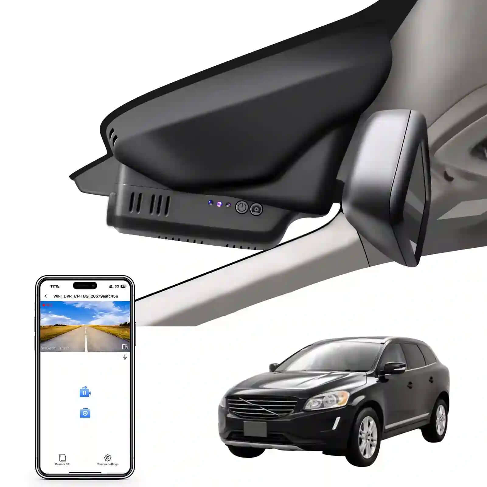 Car rearview mirror built-in dash cam with smartphone app control, 4K Ultra HD recording, GPS tracking, and Volvo XC60 SUV models in the background.